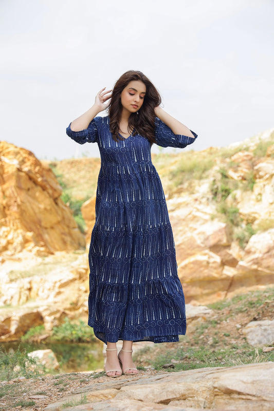 Indigo Tier Ruffle Dress